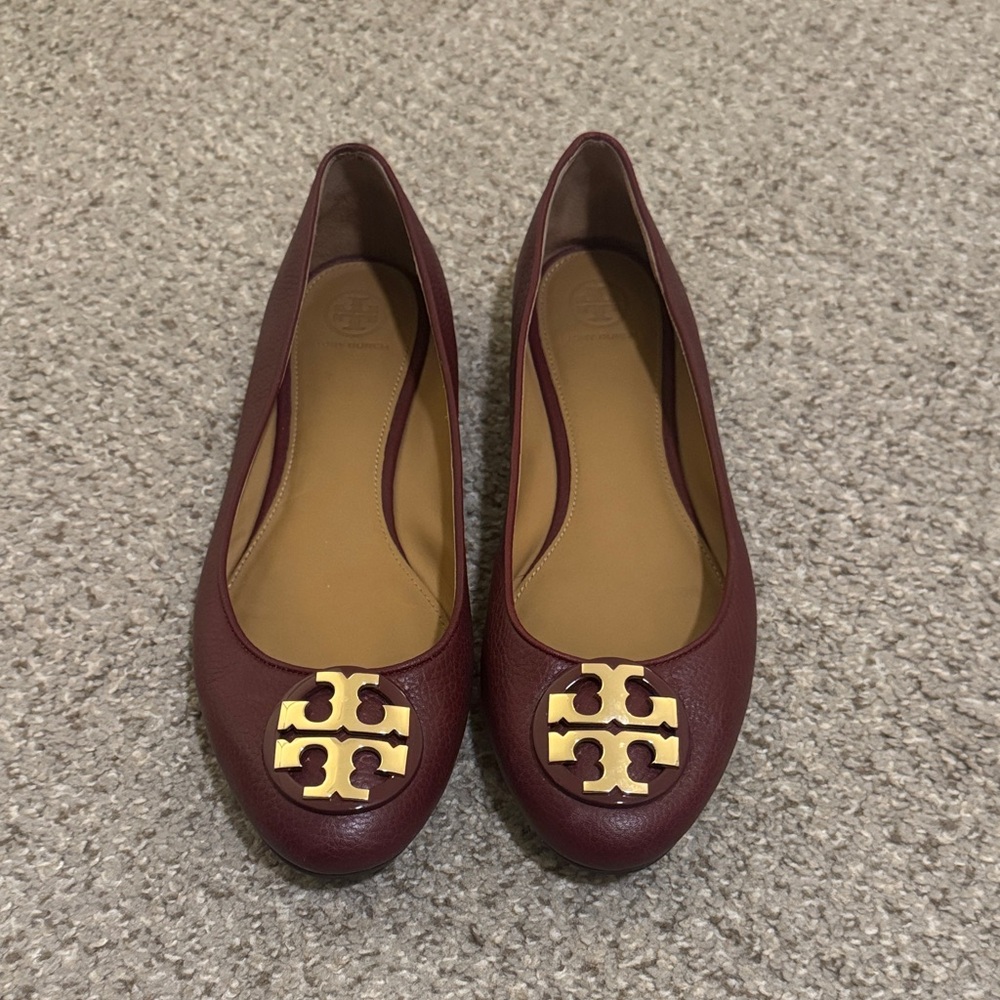Tory Burch Maroon Flats with Gold Emblem